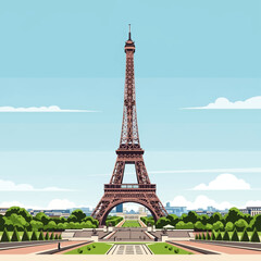 Obraz premium Minimalist vector illustration of the Eiffel Tower landmark in Paris France featuring the Champ de Mars gardens green trees and city skyline under a blue sky with stylized clouds.