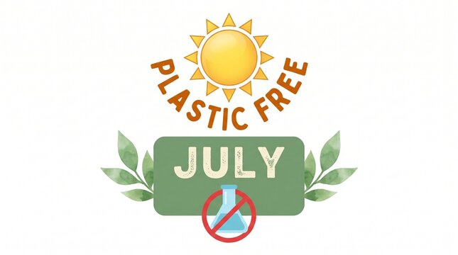 Plastic free july emblem with sun leaves and crossed out beaker illustration