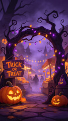 Fototapeta premium Glowing jack o lantern pumpkins at Halloween carnival archway entrance vertical composition perfect for mobile festive wallpaper and social media story templates.
