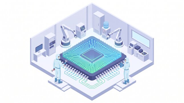 Isometric illustration of workers inspecting a giant glowing microchip processor