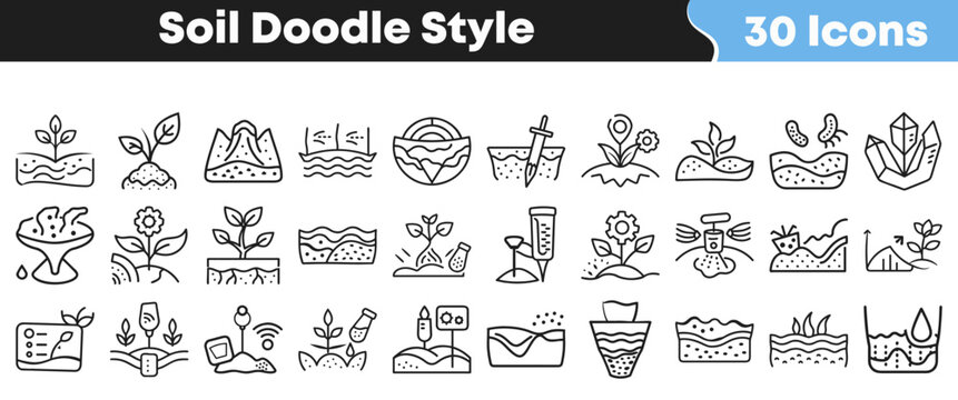 Set of hand drawn doodle icons representing various soil types