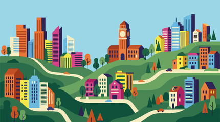 Obraz premium Vibrant city skyline illustration on undulating green hills with roads and cars