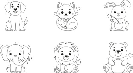 Fototapeta premium Cute cartoon animal outline vector set featuring dog, cat, rabbit, elephant, lion, and bear for children’s coloring and educational design