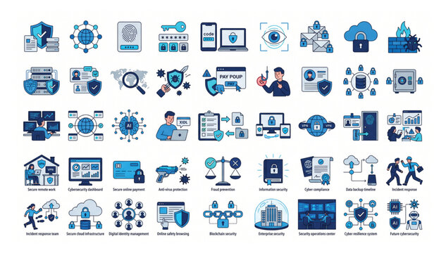 Cybersecurity threats and digital defense icon set for information protection and system integrity concepts with cybersecurity security protection internet encryption password information