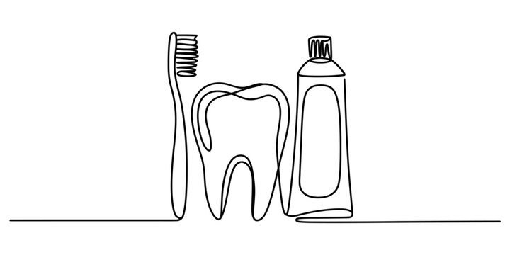 Continuous single line drawing of a toothbrush a tooth and a tube of toothpaste for dental health care and oral hygiene concept