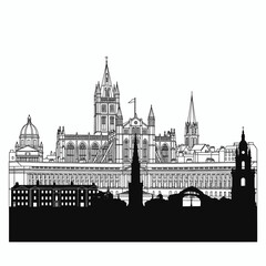 Fototapeta premium Architectural line drawing and silhouette of Bath England skyline featuring Bath Abbey, Pulteney Bridge and Georgian buildings. Black and white vector style illustration on white.
