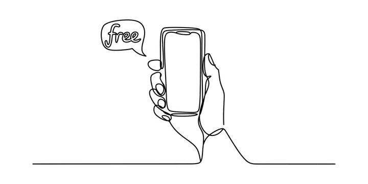 Continuous line drawing of a hand holding a smartphone with a speech bubble showing the word free