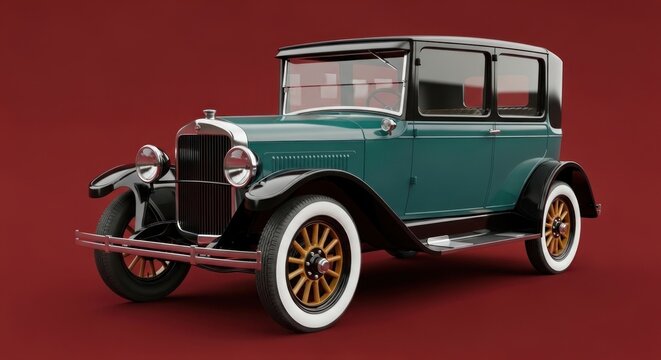 Vintage dark green classic car on red background.