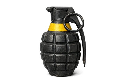 A black and yellow hand grenade on a simple white background