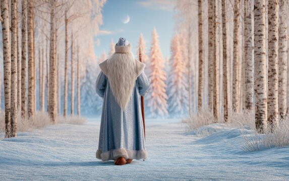 Traditional Russian Ded Moroz in Long Silver and Blue Robe in Winter Forest