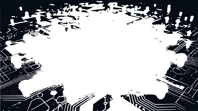 Abstract Digital Explosion White Splatter on Circuit Board Background