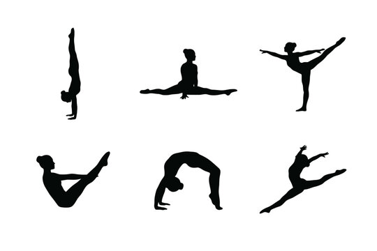Gymnastics Silhouette Set Performing Athletic Poses on White
