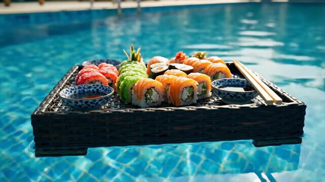 Sushi platter served on a floating tray in a sunny swimming pool