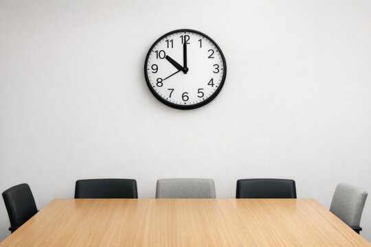 A digital clock on the wall of a modern conference room