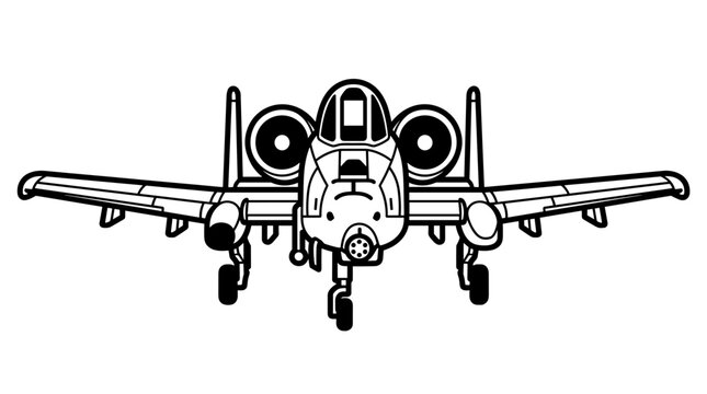 A10 Thunderbolt II Attack Aircraft Front View Line Art.