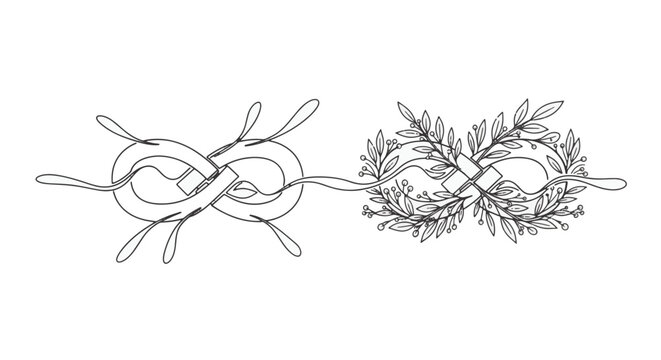Minimalist black line art illustration of two interlocking infinity knots connected by a line, featuring simple leaf accents on one and a dense botanical laurel wreath on the other.