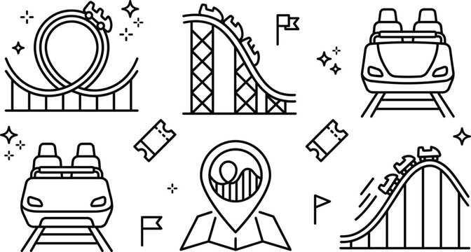 Roller Coaster and Amusement Theme Park Rides Line Icon Set for Entertainment Apps
