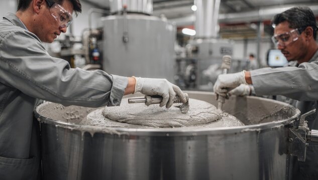 Closeup medium shot showcasing workers preparing antirust primer paste with phosphate pigments emphasizing careful blending and texture consistency in manufacturing.