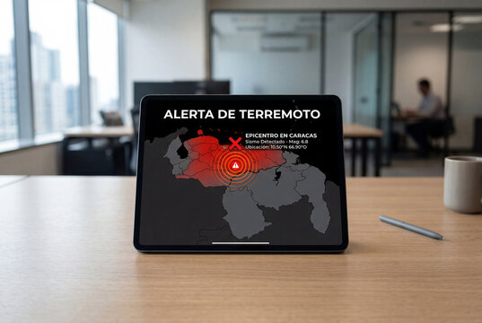 Tablet sobre un escritorio de oficina mostrando una alerta de terremoto con epicentro en Caracas, Venezuela, ideal para conceptos de prevenci&oacute;n de desastres y tecnolog&iacute;a.