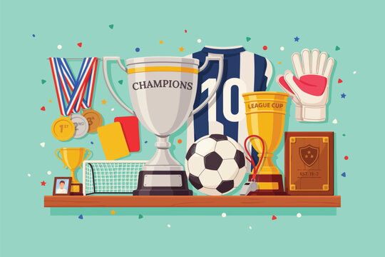 Flat colorful of a trophy cup, medals, and championship league club on a wooden shelf gold trophy silver trophy