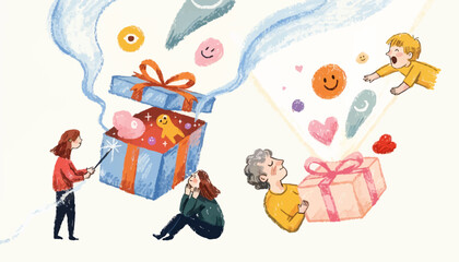 Fototapeta premium Whimsical gift giving, people sharing presents, colorful illustrations, festive icons
