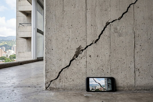 Grieta estructural profunda en columna de concreto expuesto de edificio residencial, con un tel&eacute;fono celular en la base mostrando la continuidad de la falla y la ciudad de fondo.
