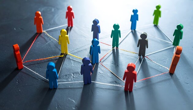 Social network concept with colorful connected groups, illustrating teamwork, collaboration, communication, community building, and organizational relationships.