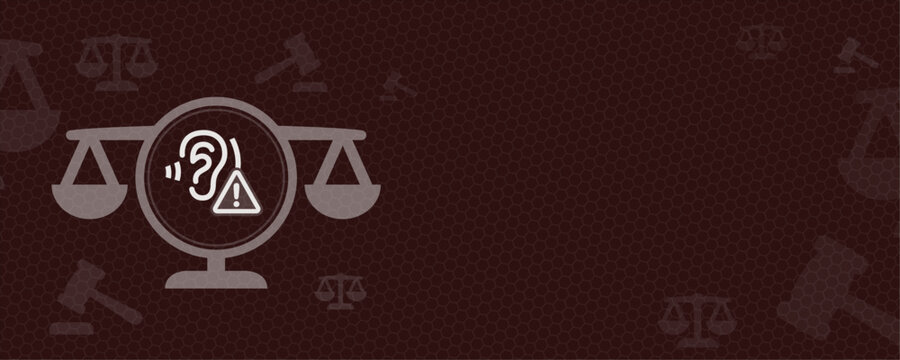 A conceptual vector illustration featuring a law scale with an ear and warning symbol and copy space, symbolizing legal challenges, overhearing, surveillance, or complex judicial matters.