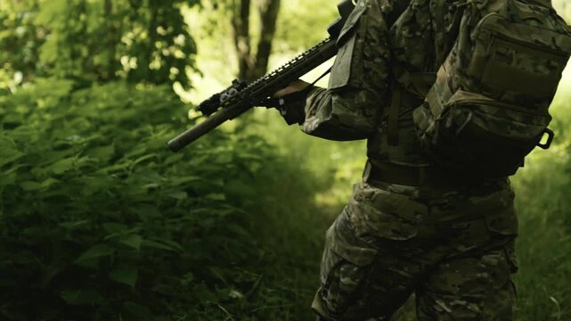 Camouflaged soldier in the middle of a dark forest on a recon mission. Walking and carrying a AR-15 carbine rifle with a red laser collimator and a magnifier. Selective focus