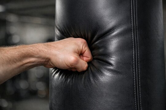 A person punching a boxing bag with intense focus