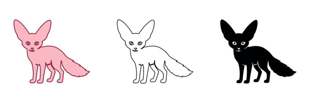 Three stylized fennec foxes in pink, outline, and silhouette forms