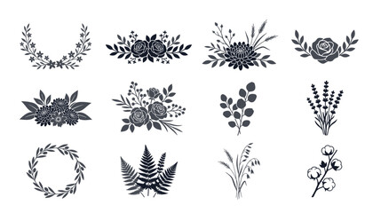Floral arrangements and botanical wreaths silhouette collection vector illustration. Set of decorative flower bouquets, rose vines, lavender sprigs, fern fronds. © Mahamuda Studio 