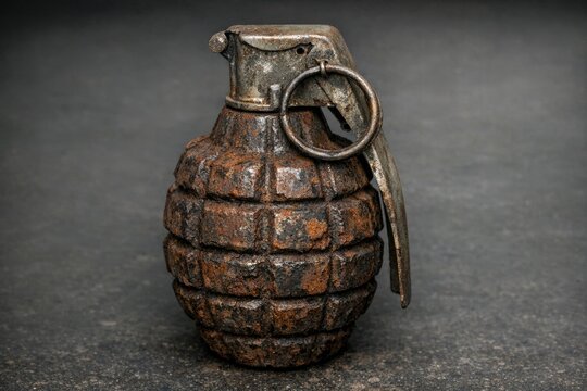 A close-up of a metal hand grenade with a key attached to its surface