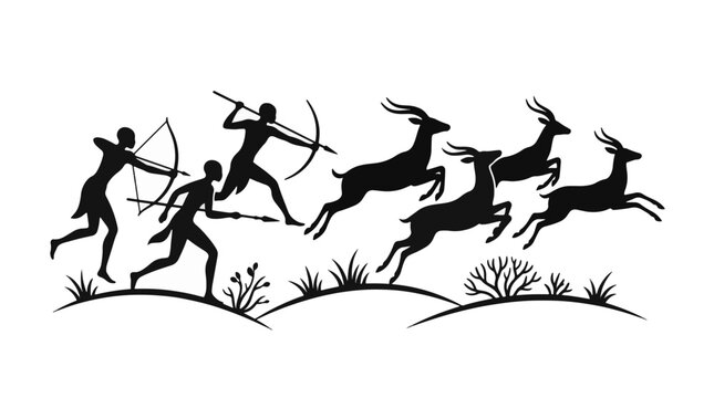 Black silhouette of ancient tribal hunters with bows and spears chasing galloping antelopes across a grassy plain, primitive cave art style illustration on white background.