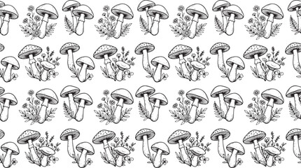 Fototapeta premium Vintage Forest Mushroom Repeat Pattern in Black and White