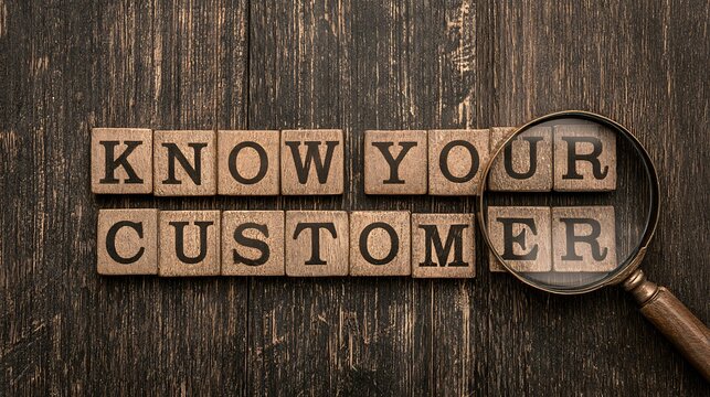 Know your customer conceptual phrase spelled with wooden letter blocks and magnifying glass