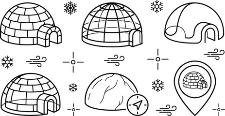 Arctic Igloo Ice House Line Icon Set with Snowflake Navigation and Weather Symbols © PJ DeSign