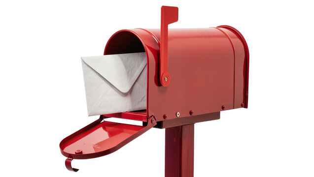 Red metal mailbox with white envelope inside, isolated on transparent background