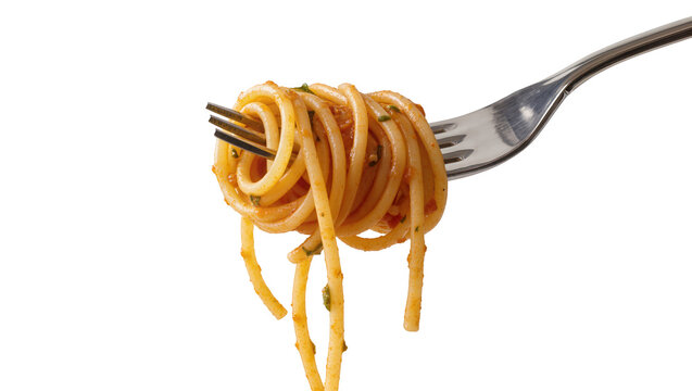Spaghetti with tomato sauce twirled on a fork, isolated on transparent background
