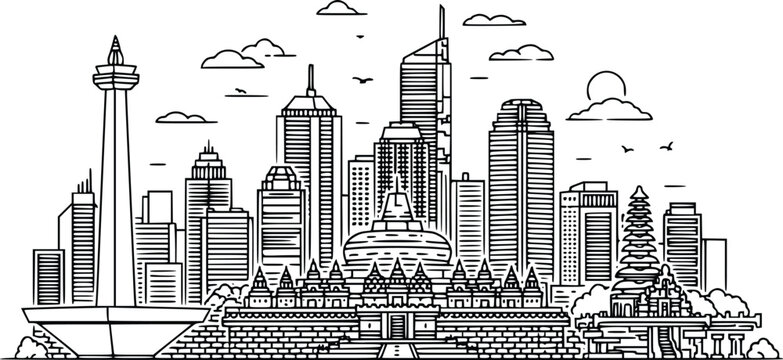 Jakarta Indonesia Skyline Hand Drawn Vector City Landmark Illustration