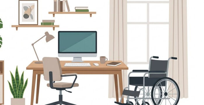 Modern Home Office Interior Vector with Accessible Workspace Desk Computer and Wheelchair