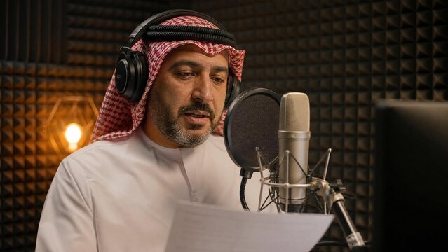 Arab Man in Traditional Attire Recording Podcast or Voiceover in Professional Studio