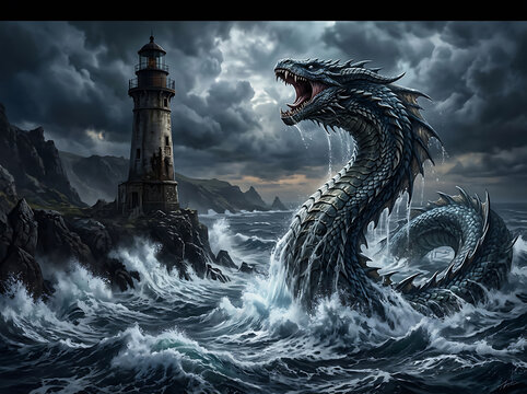 A colossal sea serpent rises from stormy ocean waves next to a towering lighthouse on a rugged, dark coastline under a dramatic, cloudy sky.