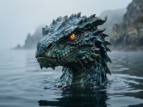 A close-up of a mythical dragon-like creature with green scales and glowing orange eyes emerging from misty water.