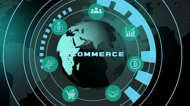 Global e-commerce network with digital marketplace visualization, online retail connections, secure transactions and worldwide business technology animation.