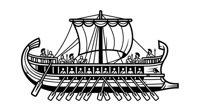 Ancient Greek Trireme Warship with Rowers and Sails.