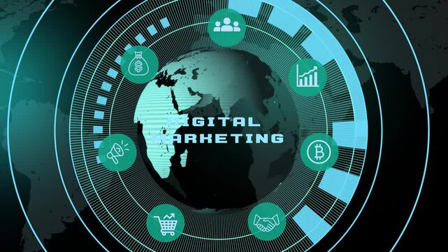 Digital Marketing interface showcasing online business analytics, audience engagement, campaign performance, and global brand communication.