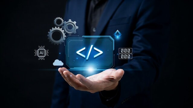 Man holding digital code on palm, futuristic programming concept
