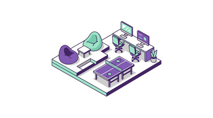Isometric tech startup loft with bean bags, monitors, and ping pong table, purple and mint palette, modern workspace design © drul