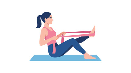 Obraz premium Woman doing pilates with resistance band exercise, seated leg stretch and core workout, pink and blue palette